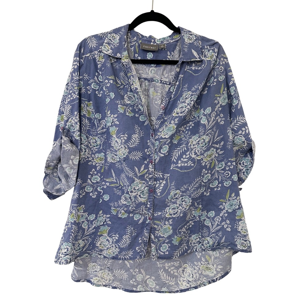Roz & Ali 1X Blue Floral Cotton Roll Tab Sleeve Button Down Shirt Lightweight